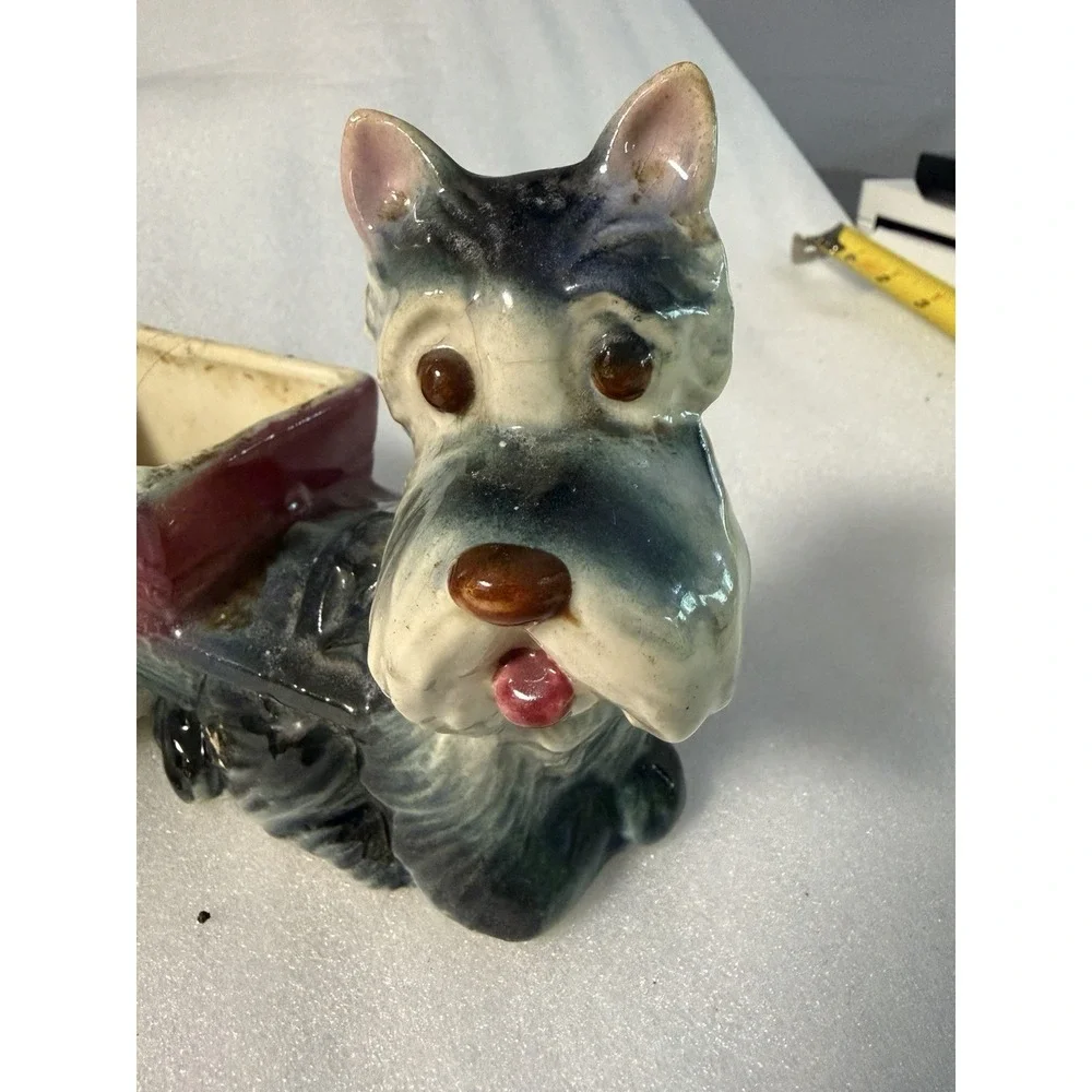 Vintage Ceramic Scottie Dog Planter Pulling Red Cart Wagon Green Wheels 6